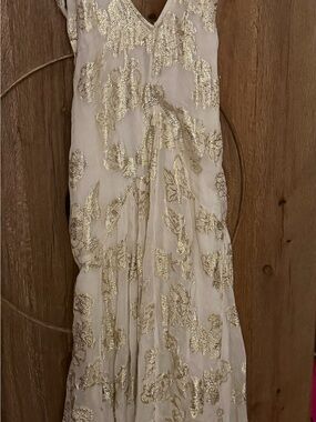 BHLDN Cream Maxi Skirt with Gold Metallic Embroidery